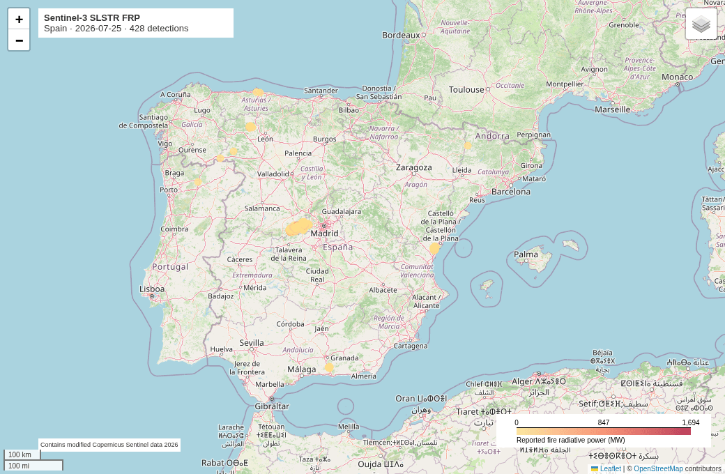 Sentinel-3 SLSTR FRP detections around Spain on 25 July 2026, shown on an OpenStreetMap basemap.